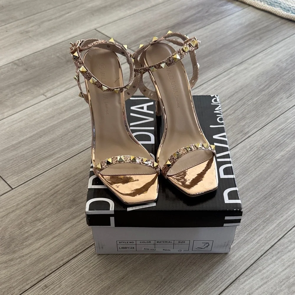 Wild Diva Lounge Rose Gold Strappy Studded High Heels 7.5 New